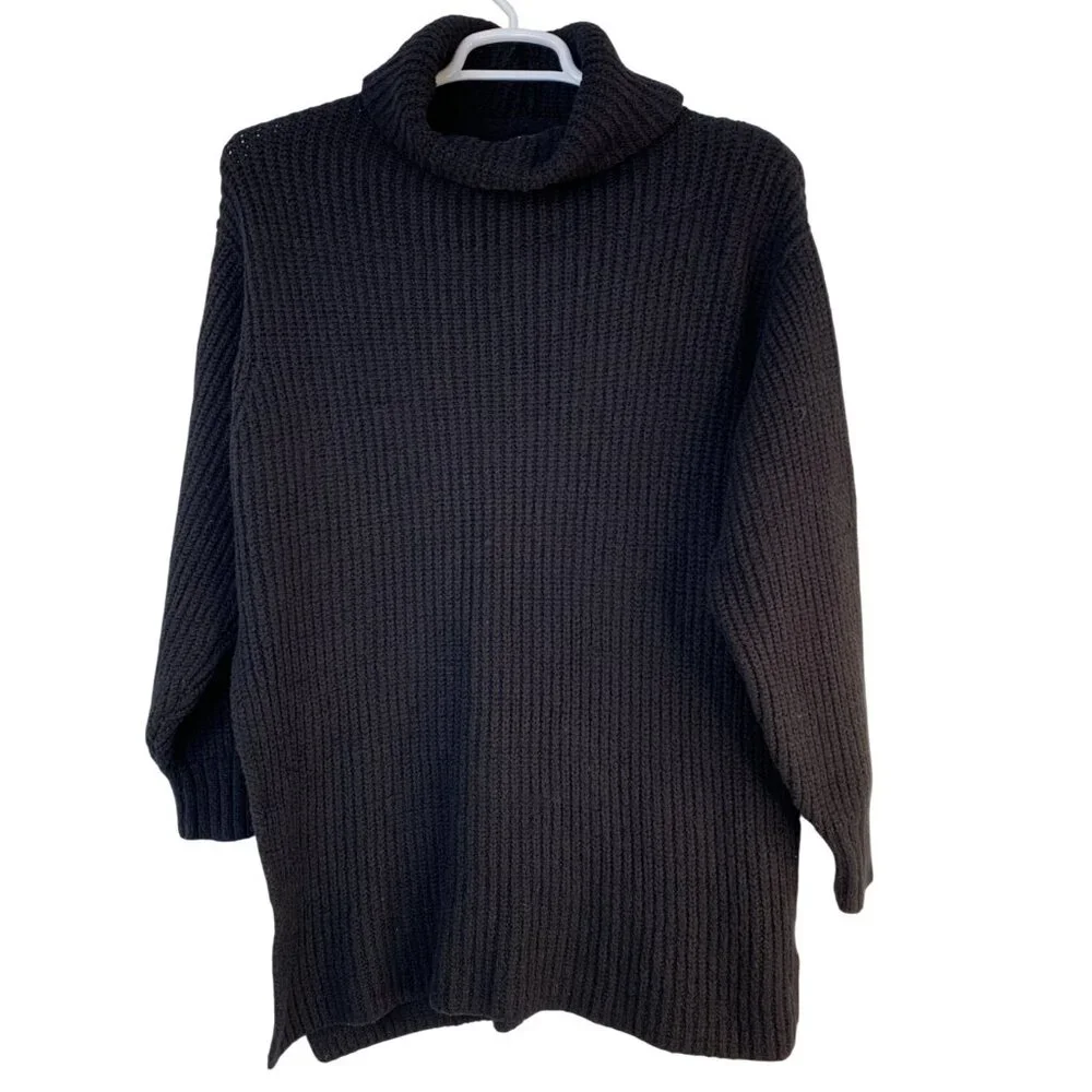 Free People Slouchy Black Rib Mock Neck Sweater Tunic Side Slit Bulky - Picture 3 of 7